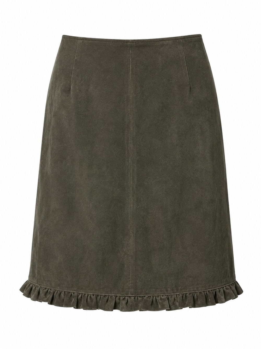 CAROL LITTLE | Olive 100% Suede Leather Ruffle Hem A-Line Midi Skirt | 16
